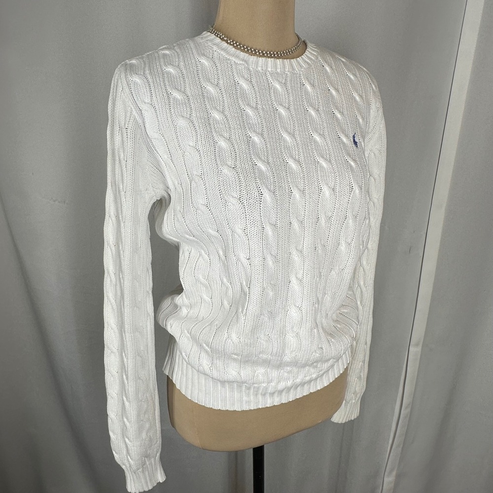 Ralph Lauren White Cable Knit Crewneck Sweater with Blue Pony - Picture 8 of 12